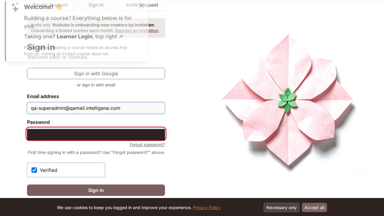 Sign up / sign in screen