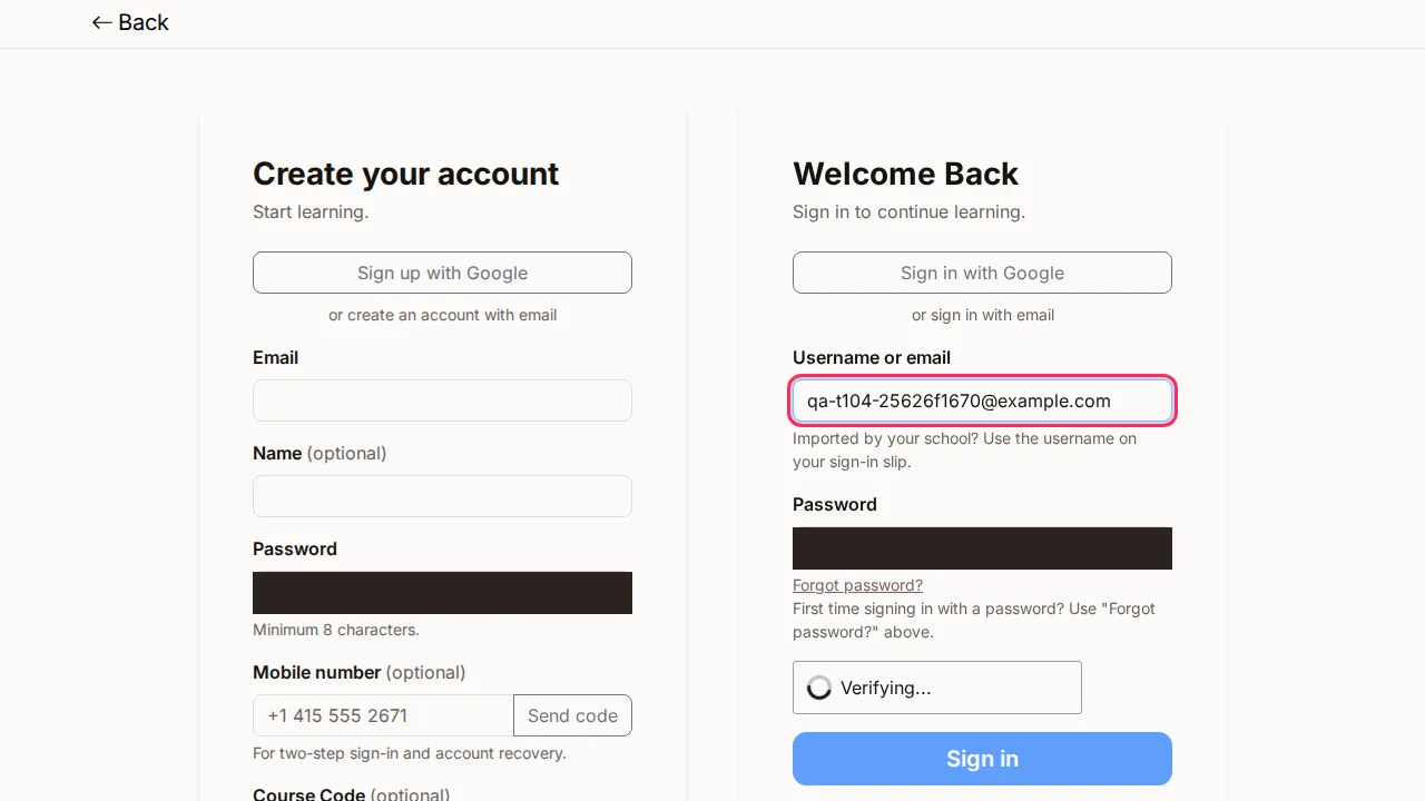 Learner sign in / sign up screen