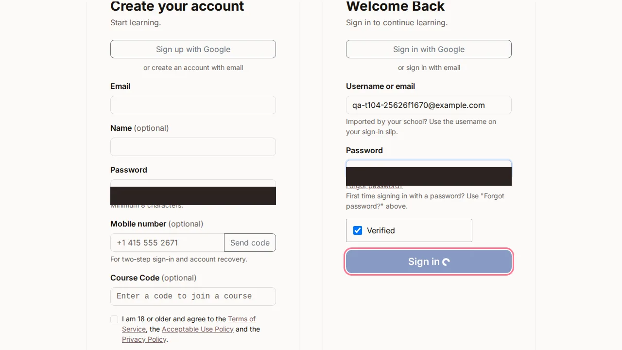 Learner sign in / sign up screen
