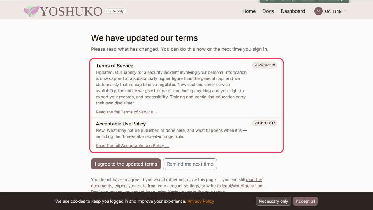 Updated terms — re-consent screen
