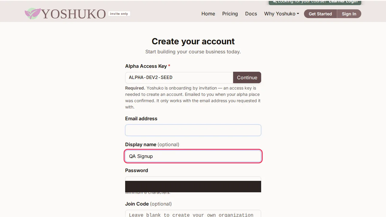 Create your account screen