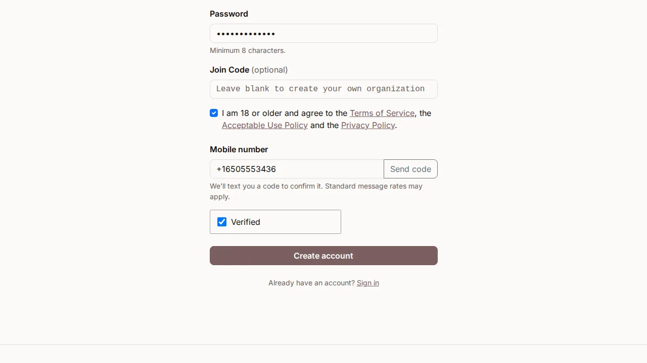 Create your account screen
