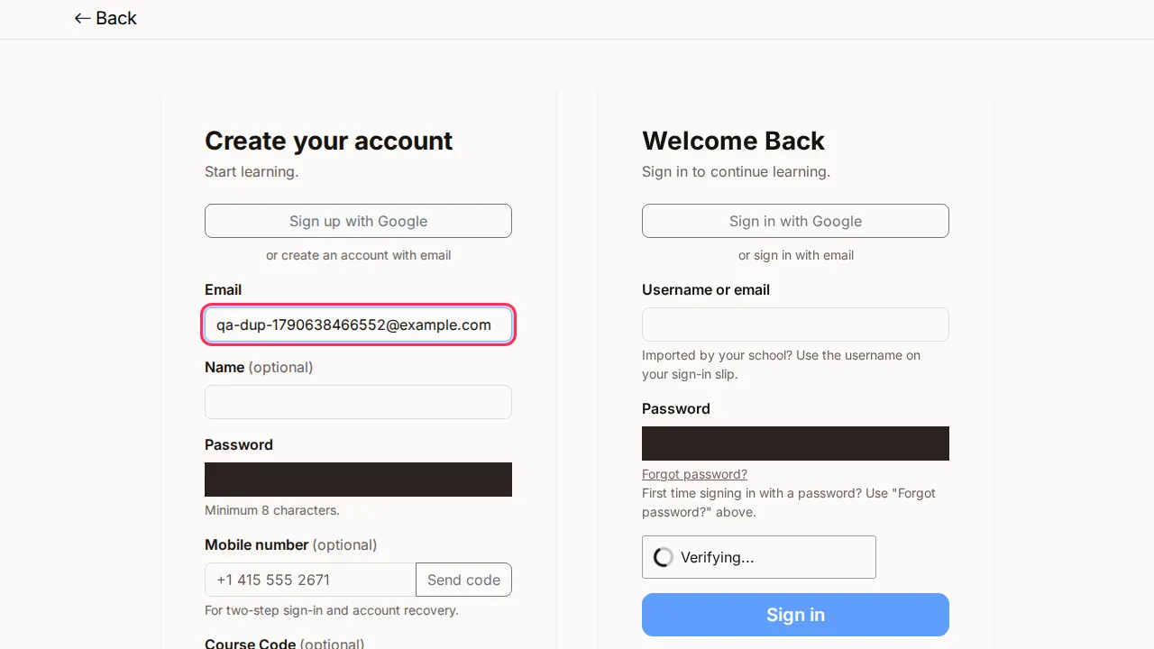 Learner sign in / sign up screen