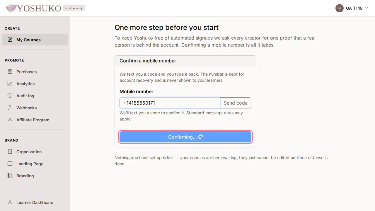 Confirm your account screen