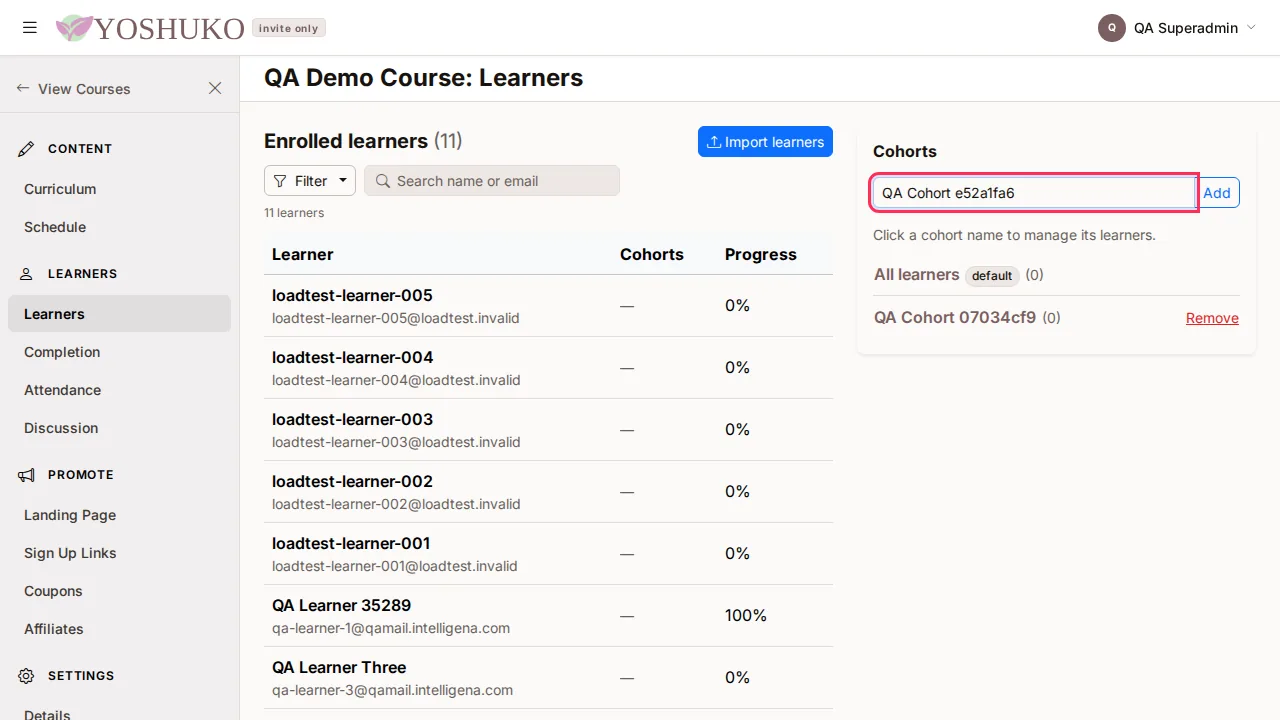 Learners and cohorts screen
