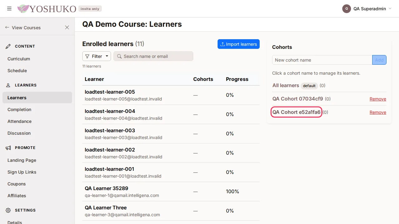 Learners and cohorts screen