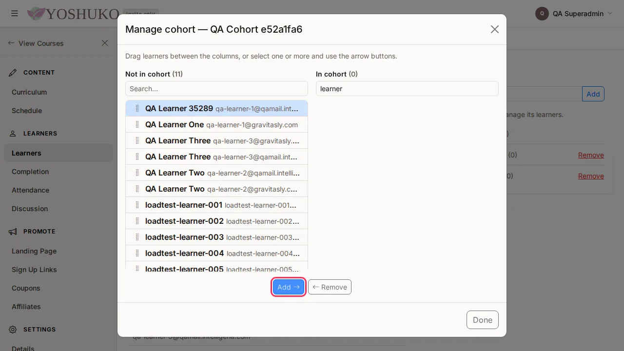 Learners and cohorts screen