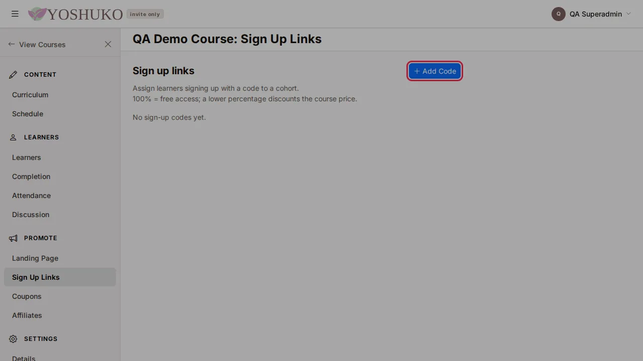 Sign up links screen