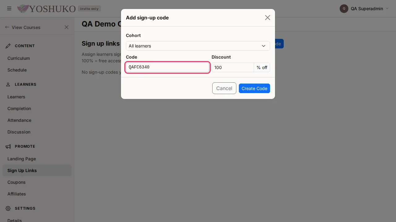 Sign up links screen