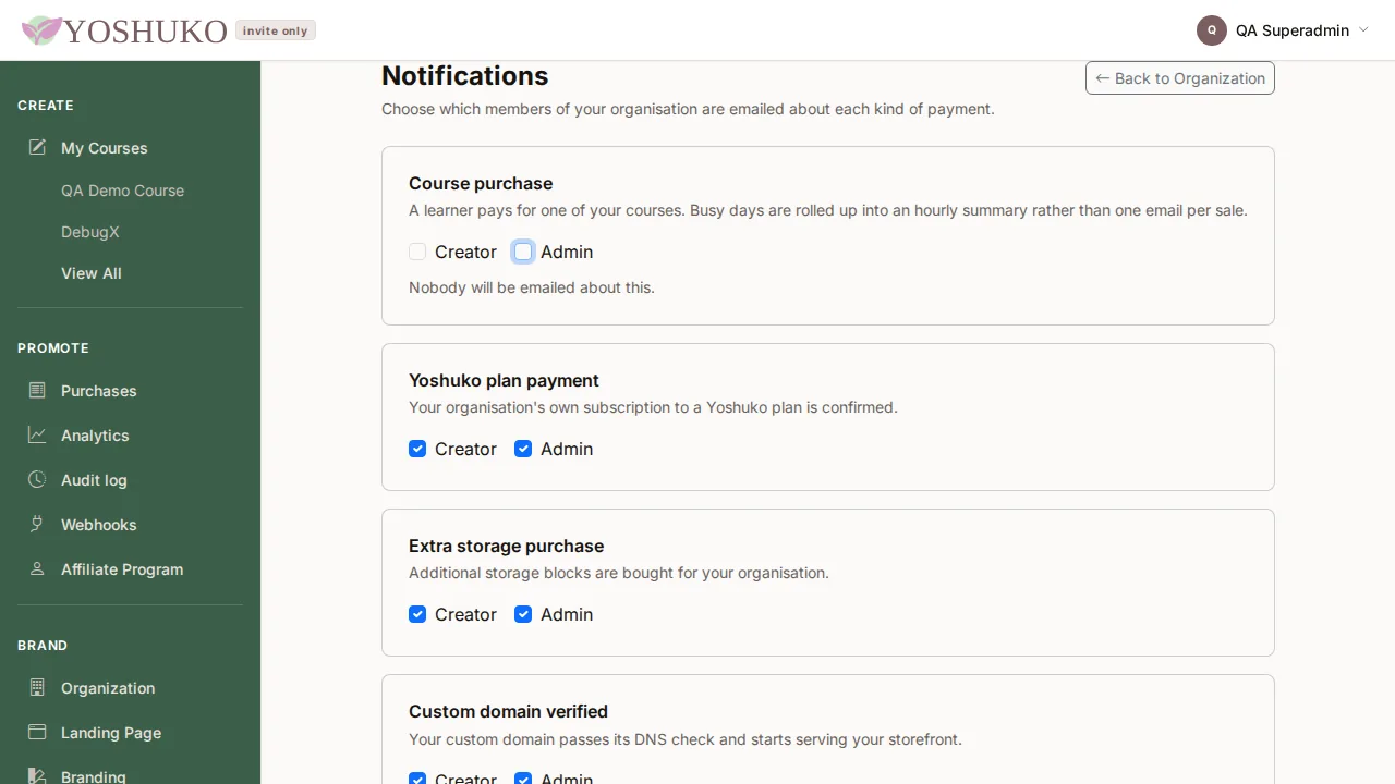 Notification settings screen