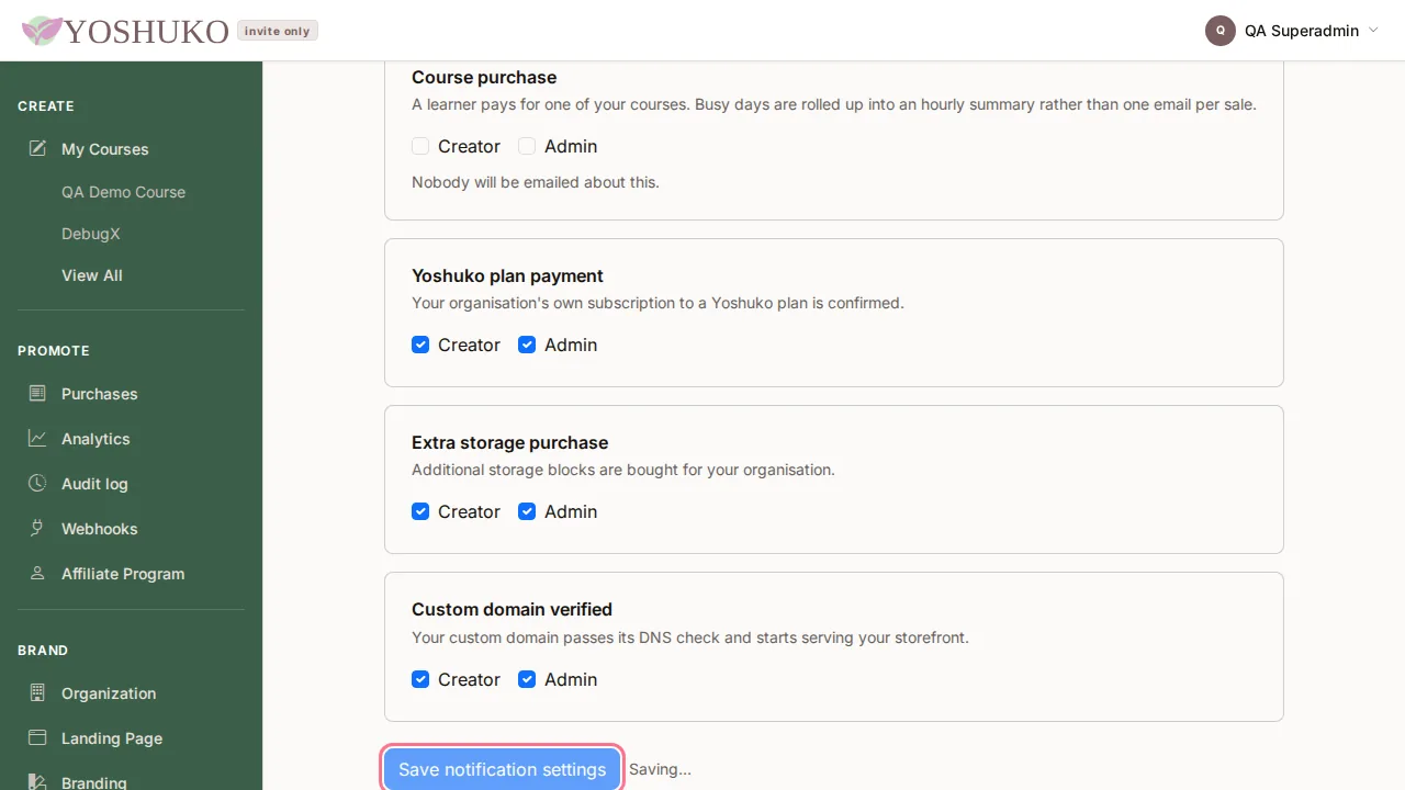 Notification settings screen