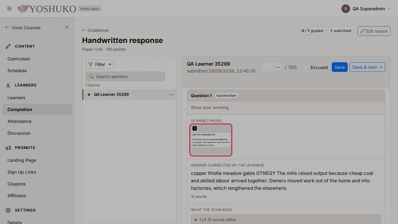 Review responses screen