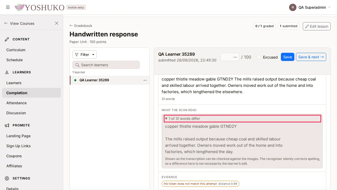 Review responses screen