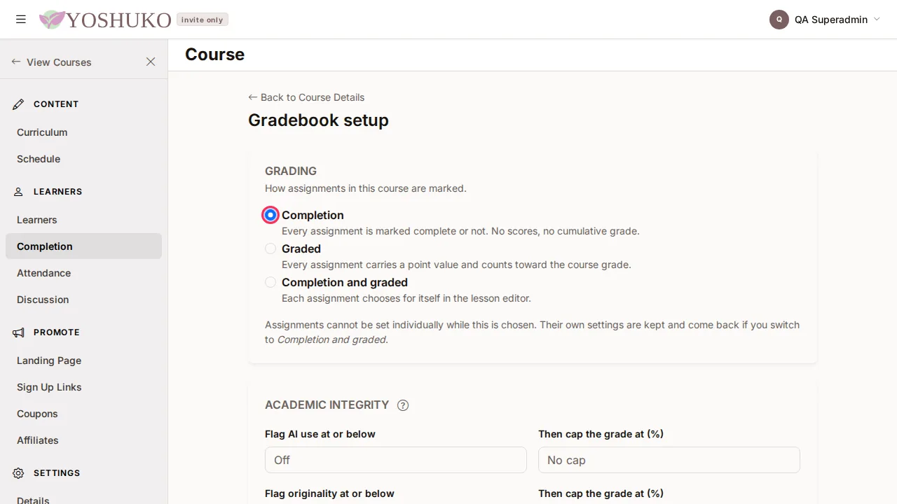 Gradebook setup screen