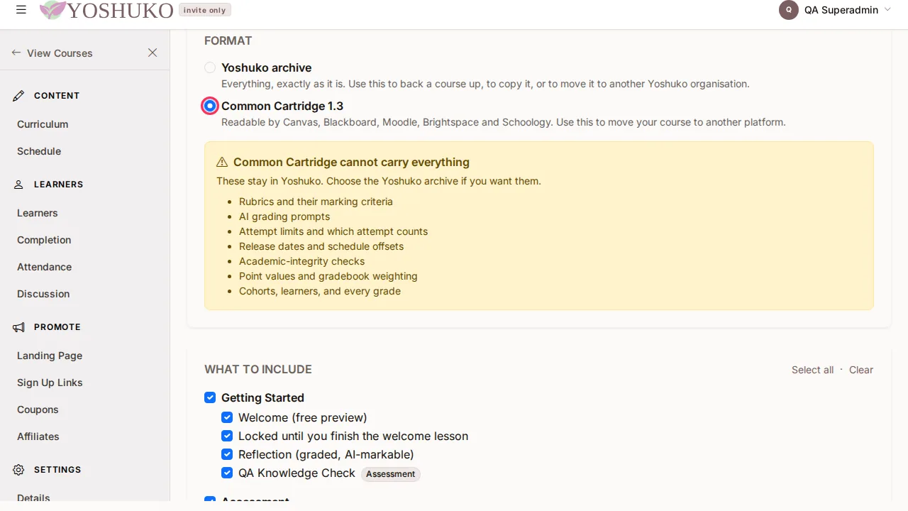 Export this course screen