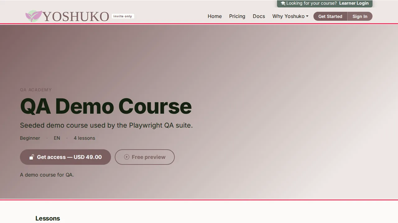 Course landing page screen