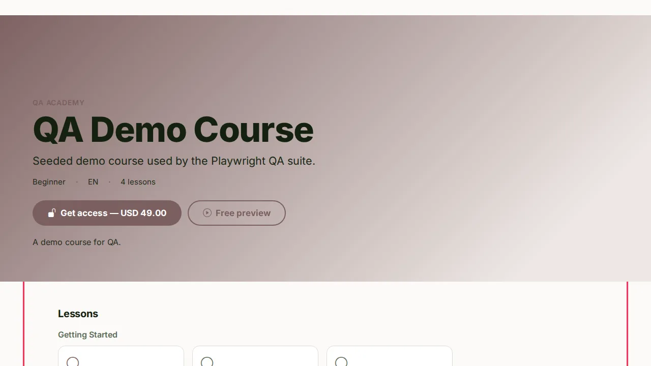 Course landing page screen