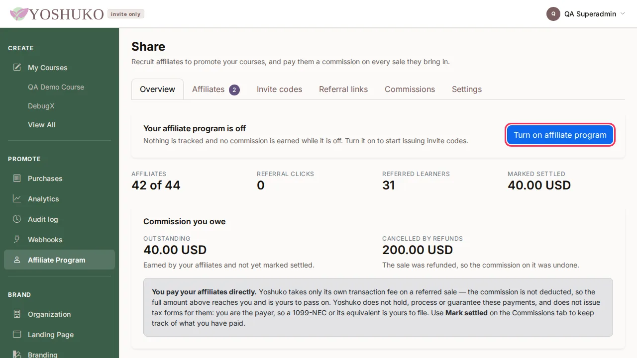 Share — affiliate program screen