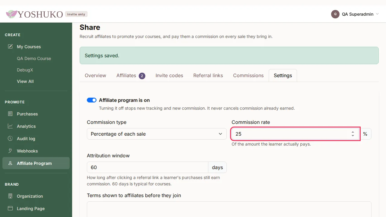 Share — affiliate program screen