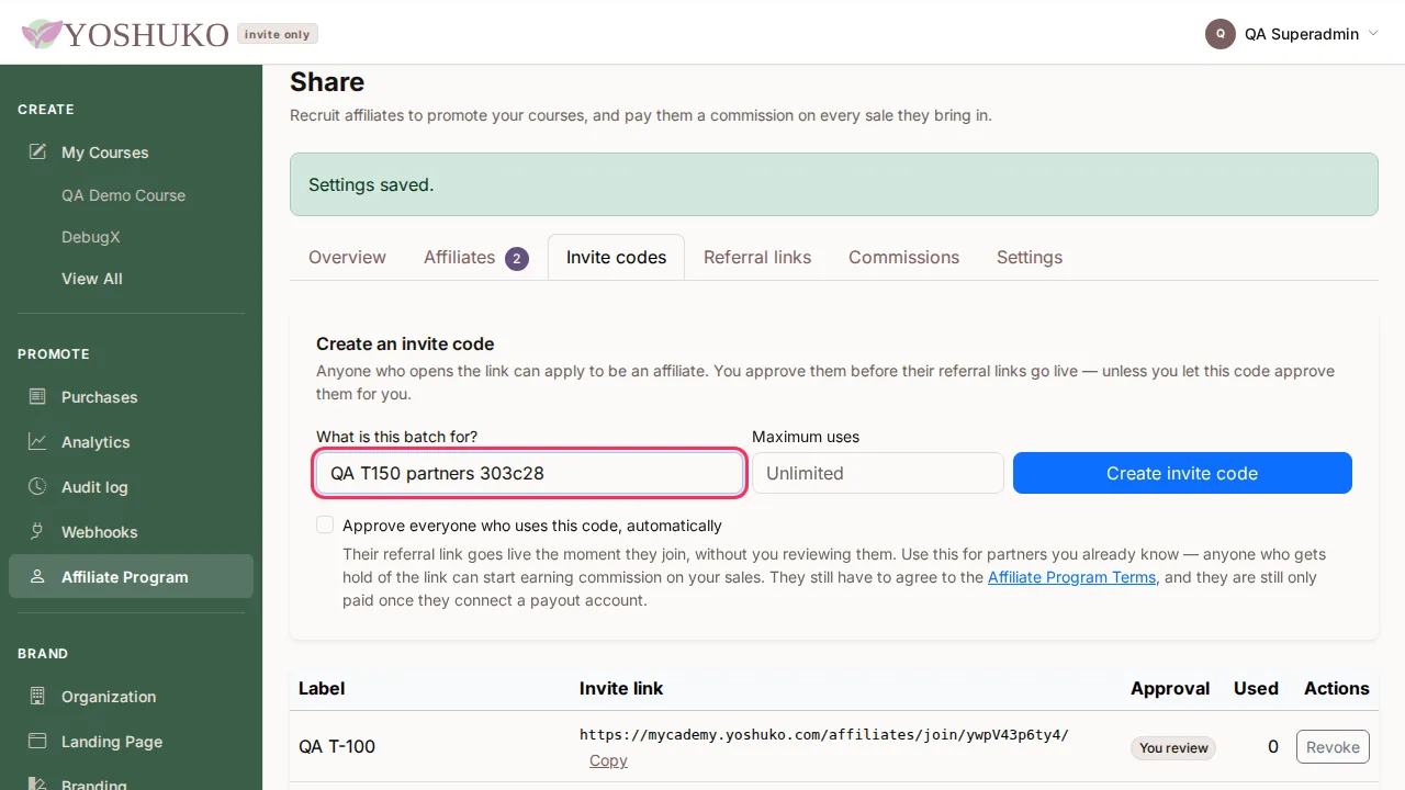Share — affiliate program screen