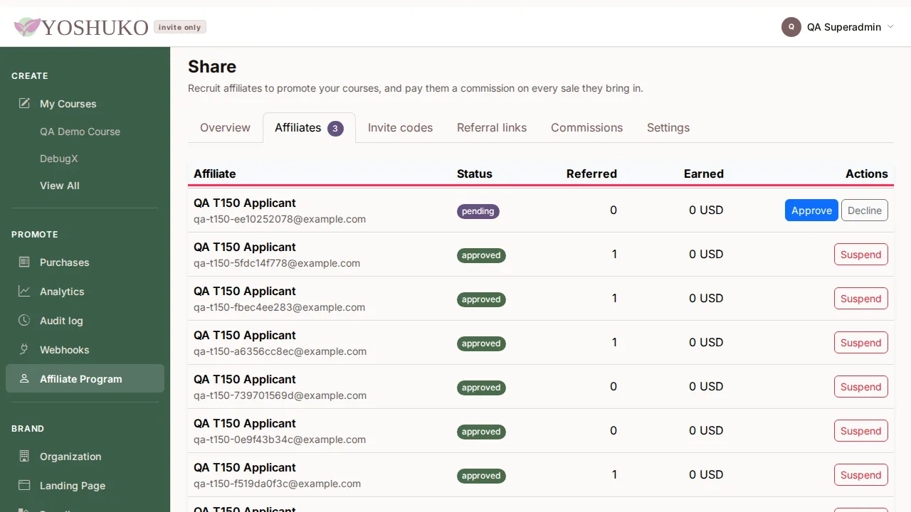 Share — affiliate program screen
