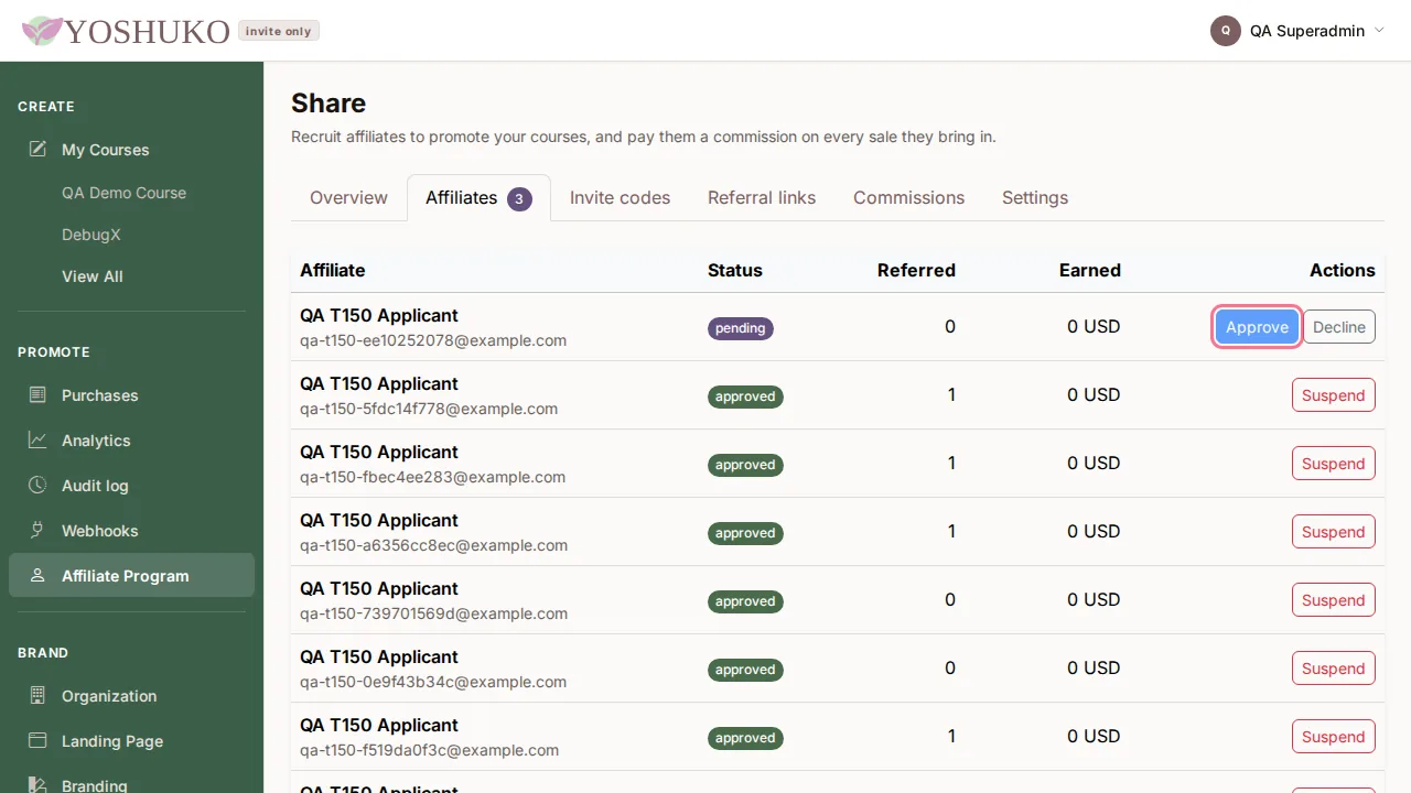 Share — affiliate program screen