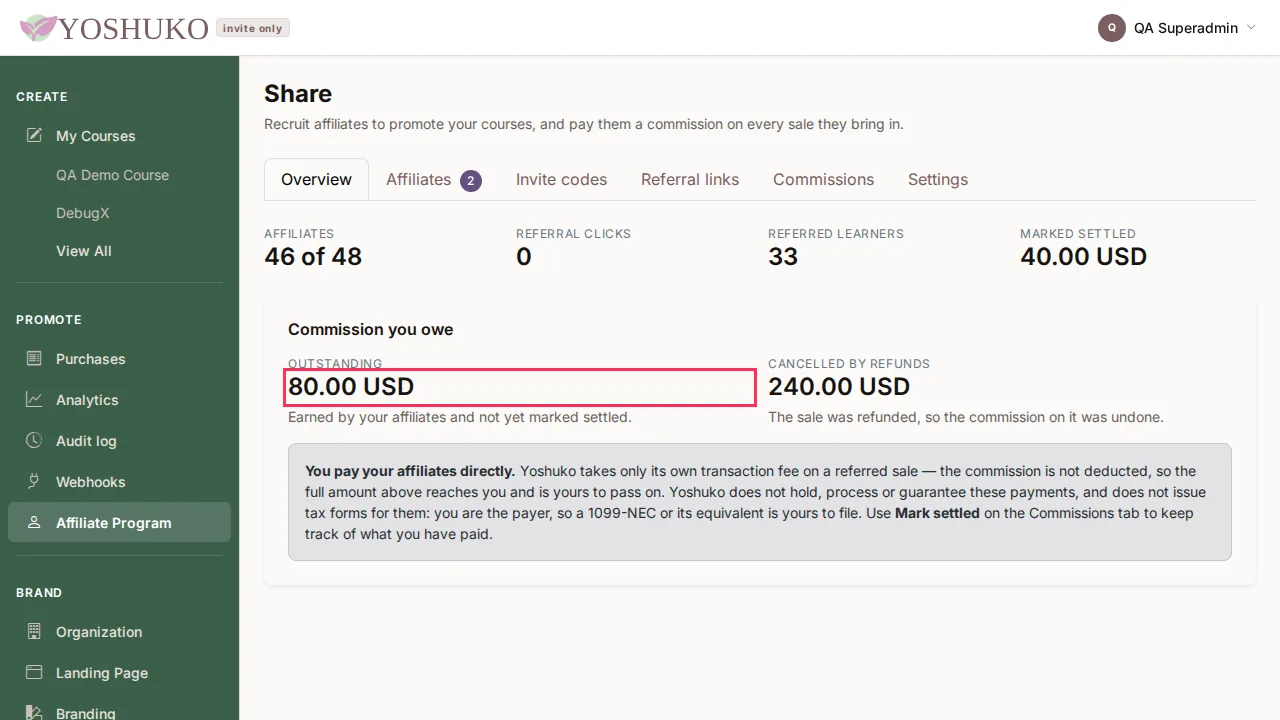 Share — affiliate program screen
