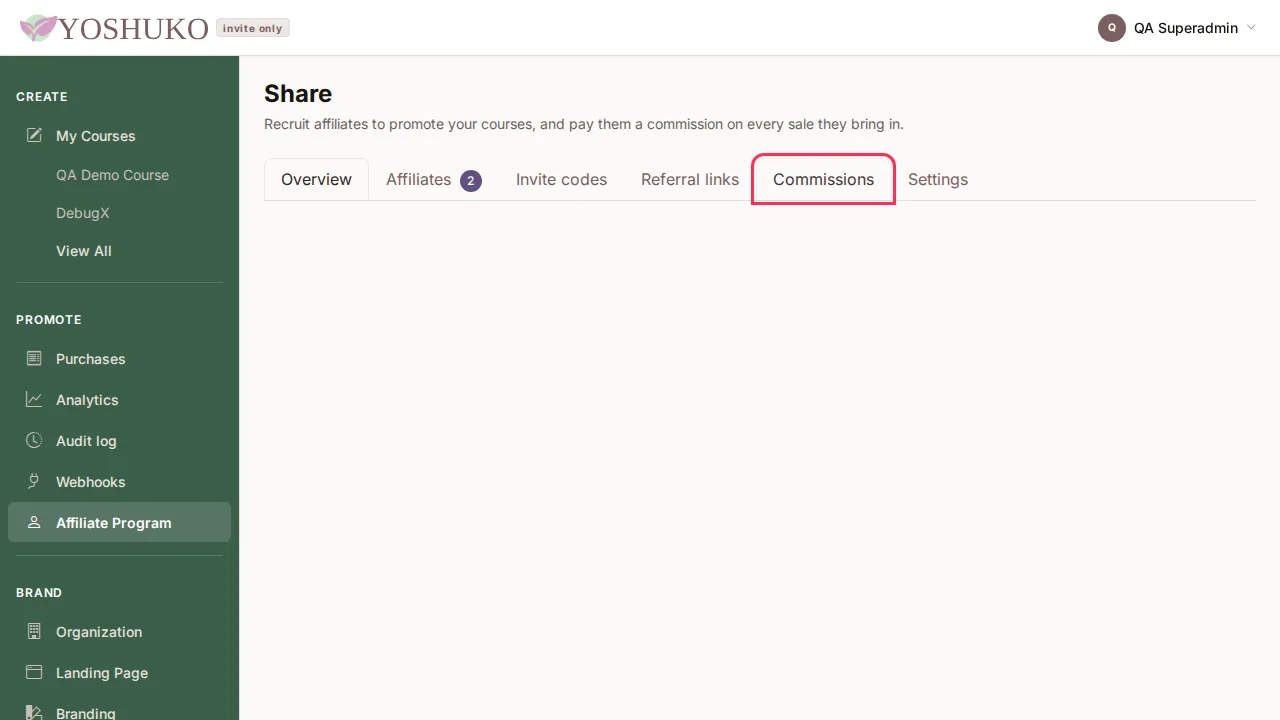 Share — affiliate program screen