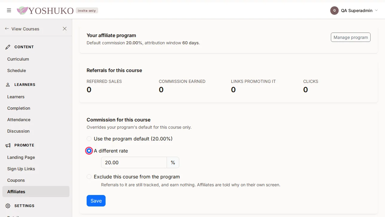 Course — affiliates screen