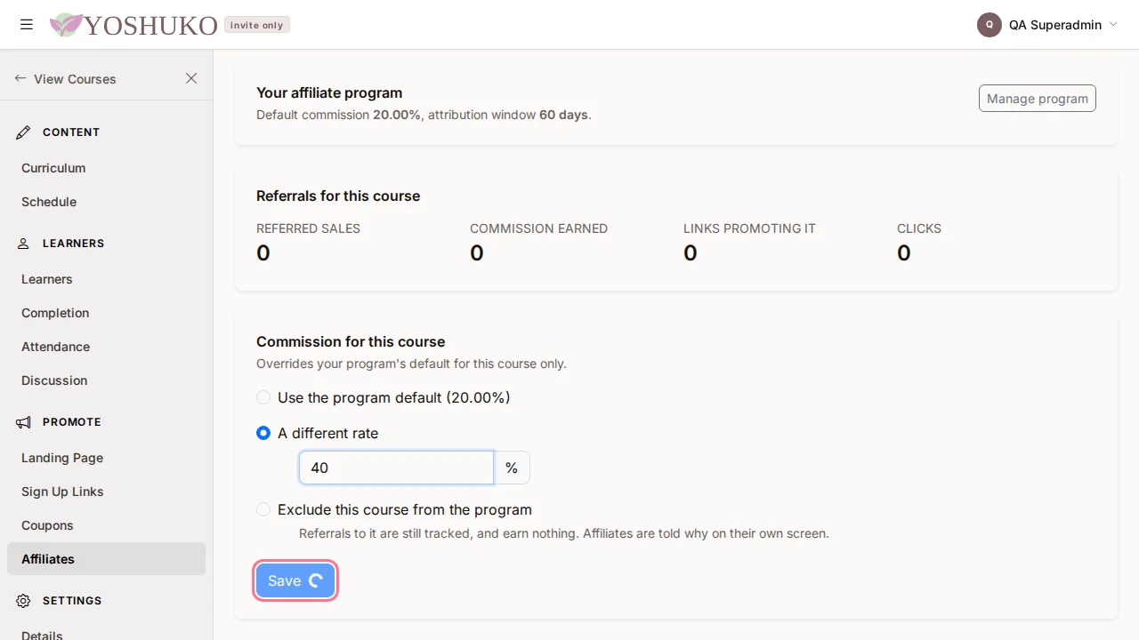 Course — affiliates screen