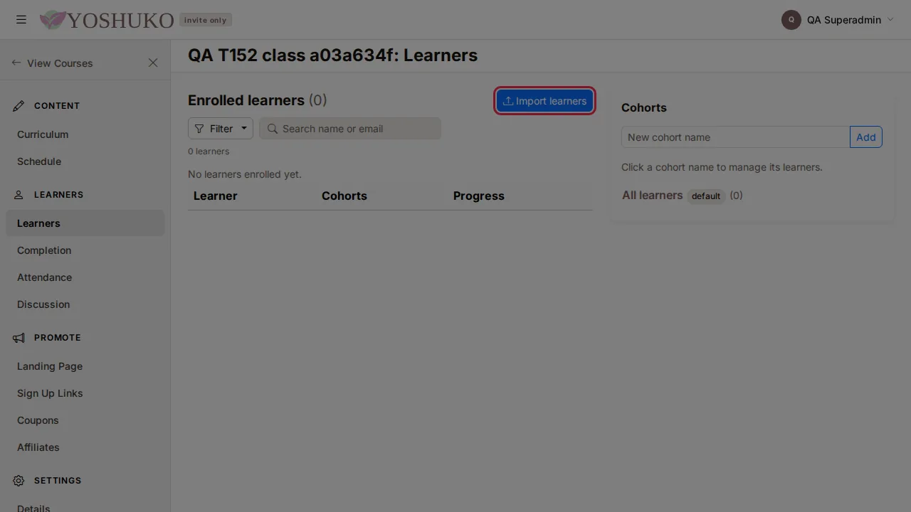 Learners and cohorts screen