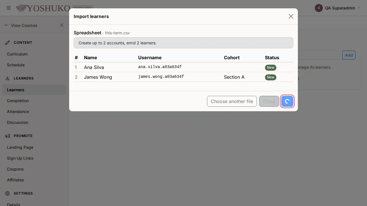 Learners and cohorts screen