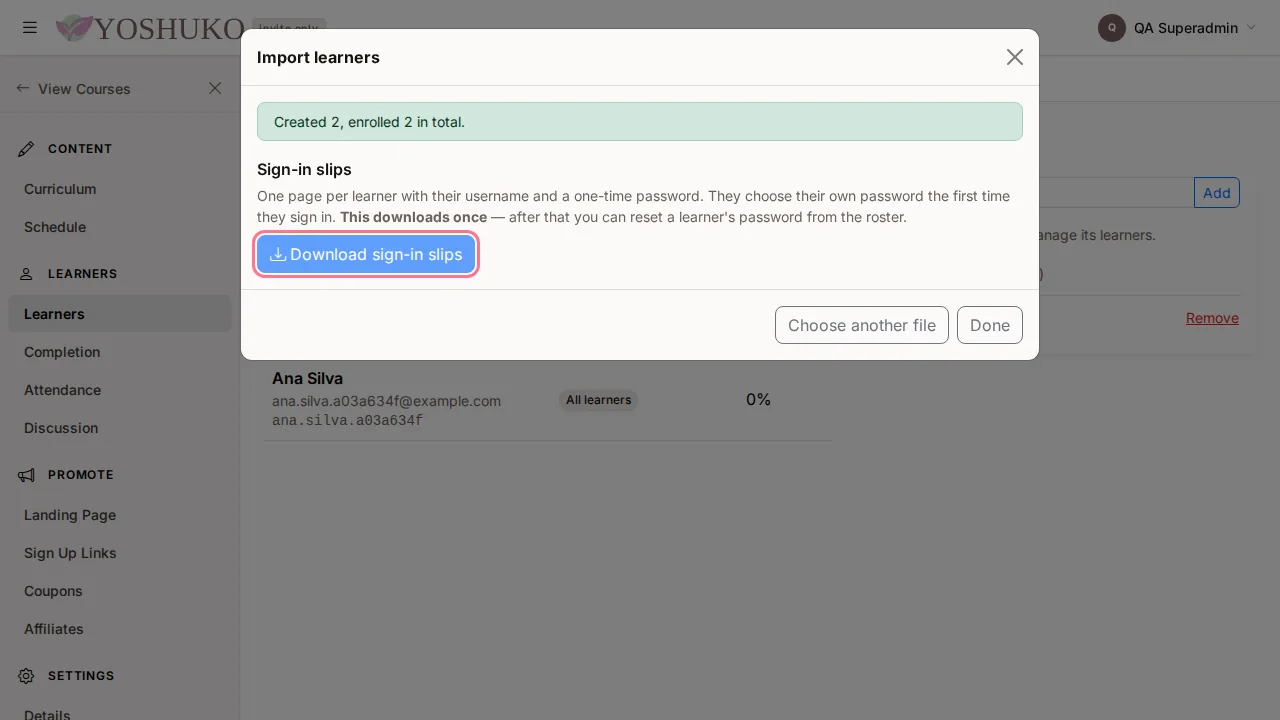 Learners and cohorts screen