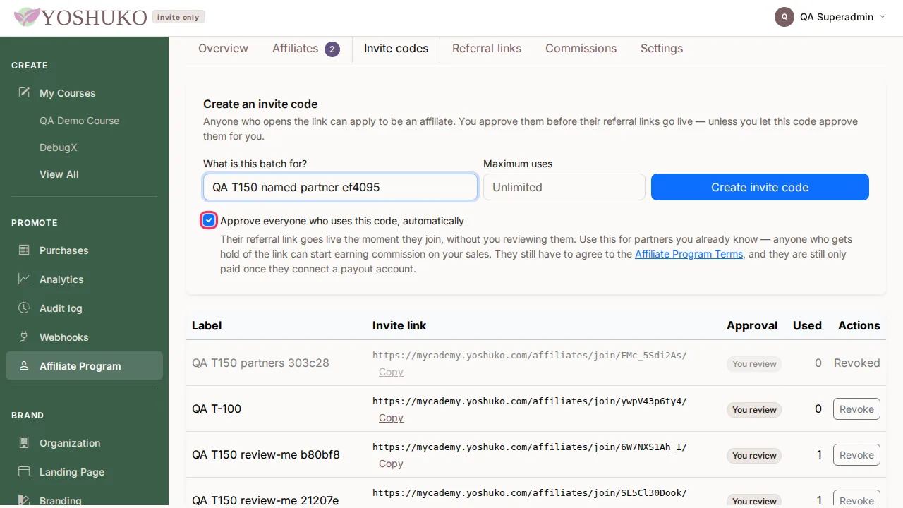 Share — affiliate program screen