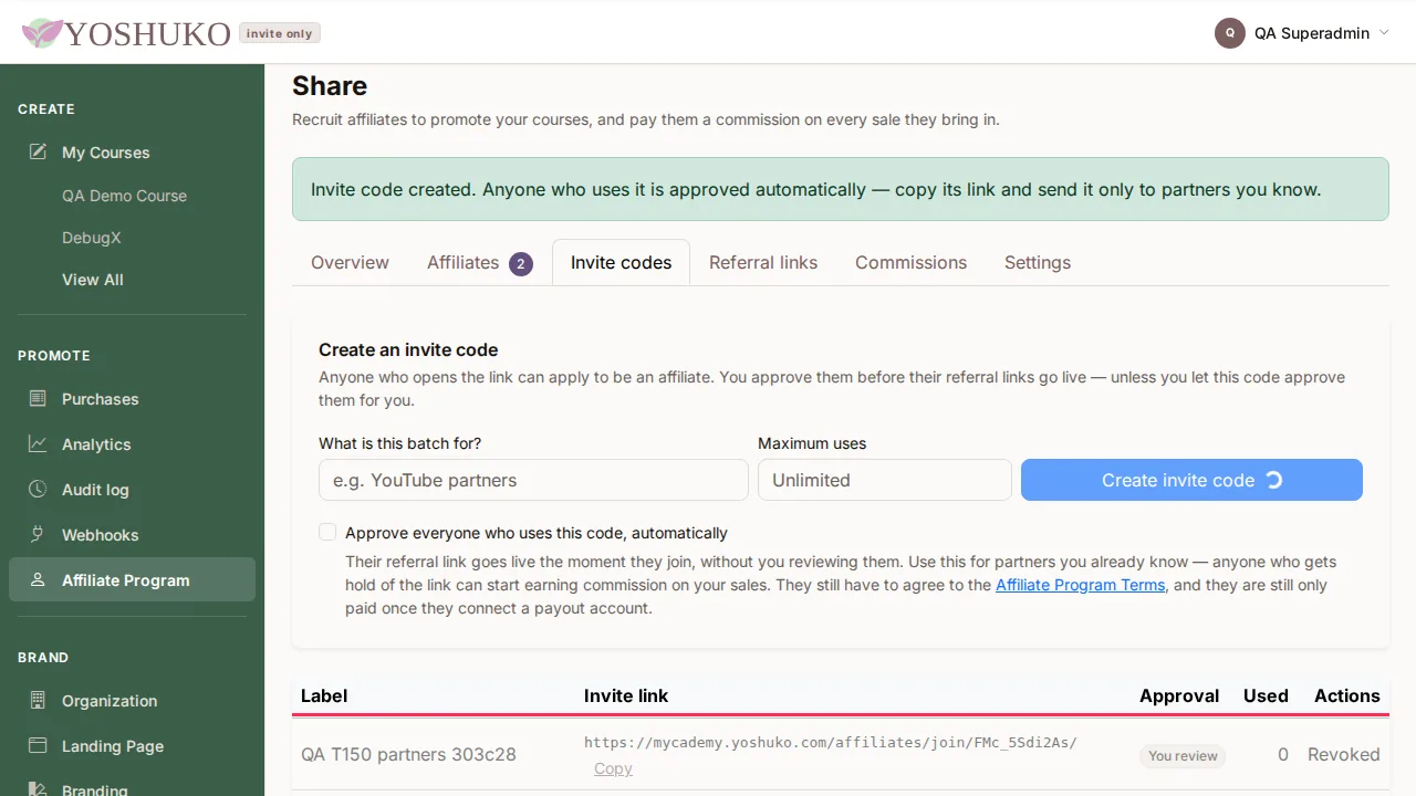 Share — affiliate program screen