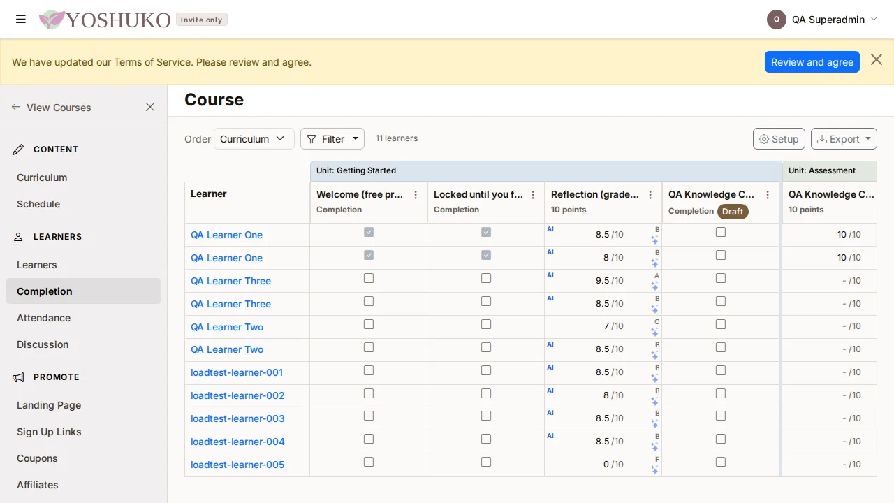 Completion (gradebook) screen
