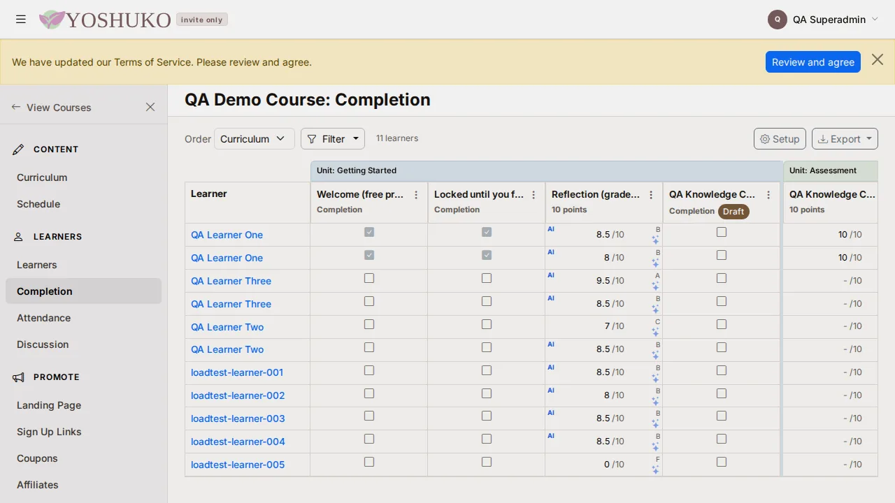 Completion (gradebook) screen