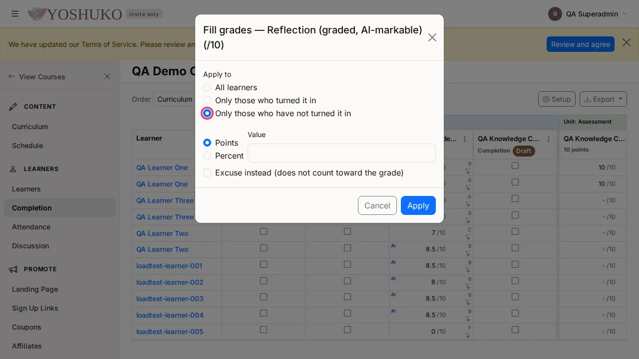 Completion (gradebook) screen
