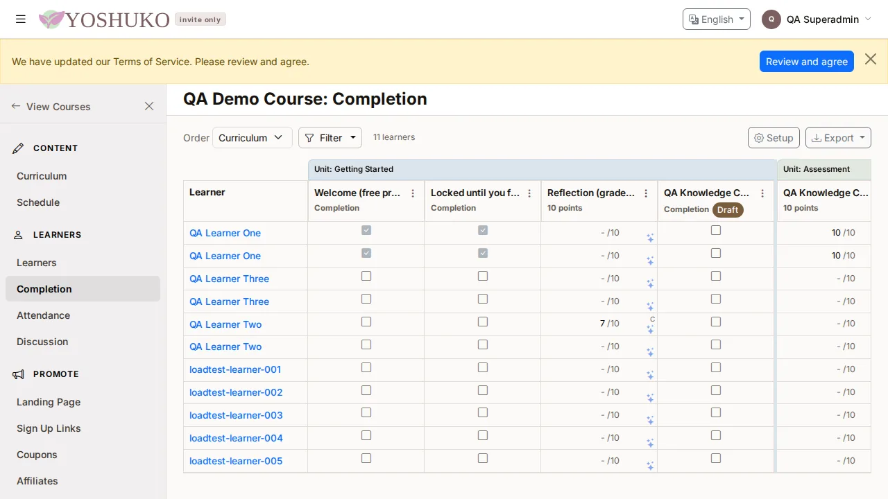 Completion (gradebook) screen