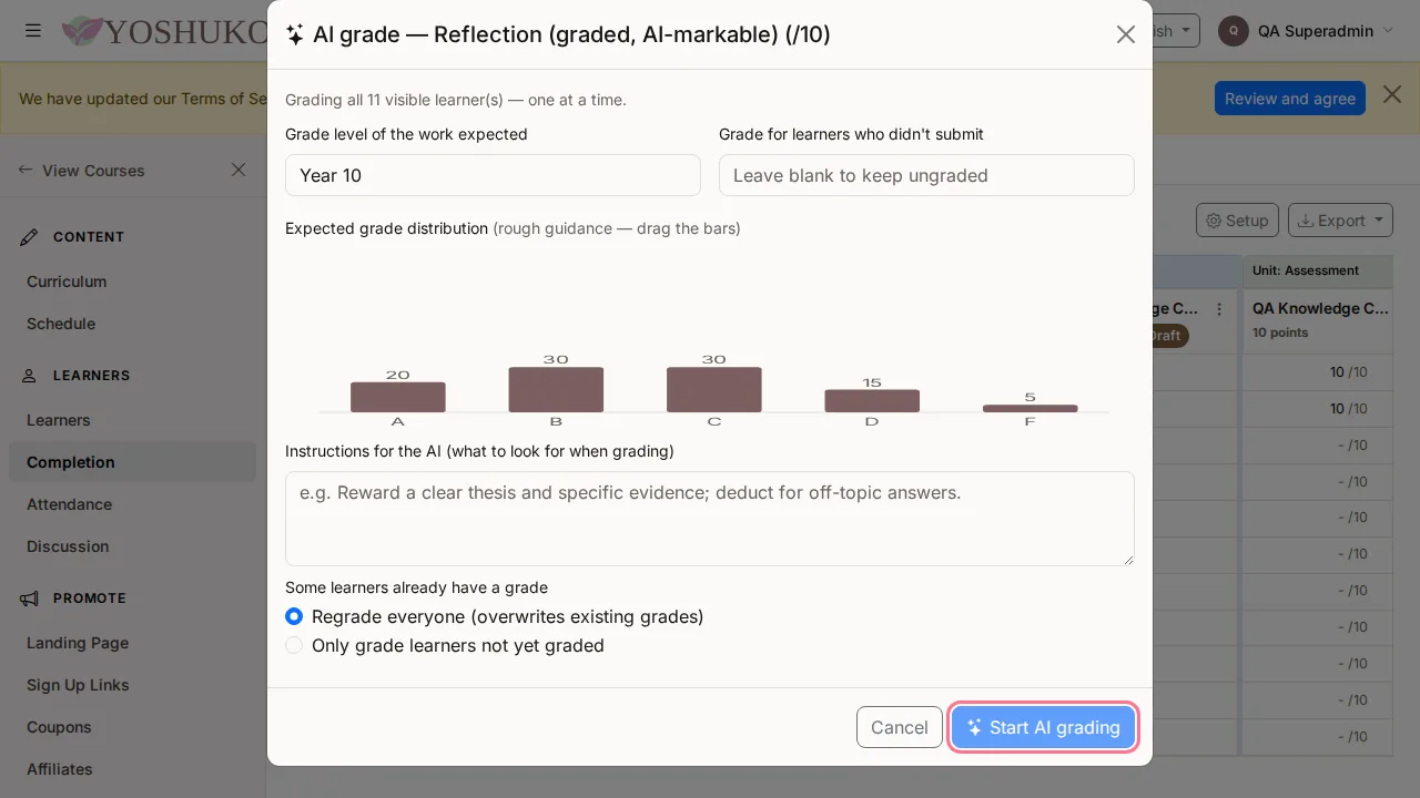 Completion (gradebook) screen