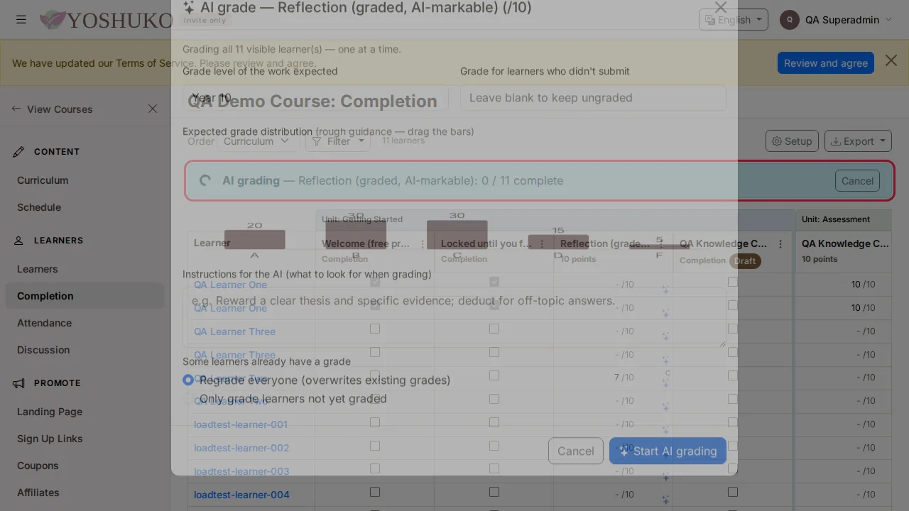 Completion (gradebook) screen