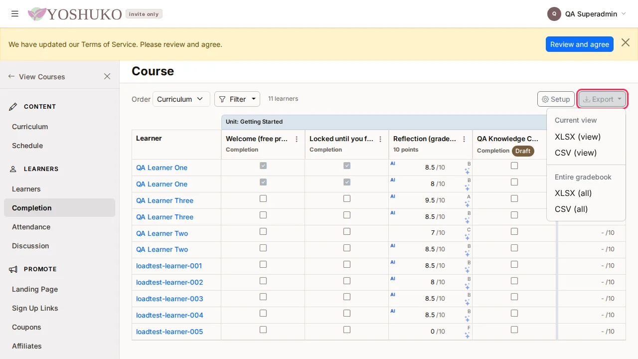 Completion (gradebook) screen