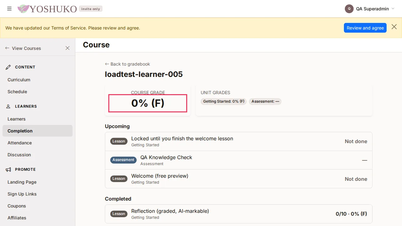 One learner's progress screen