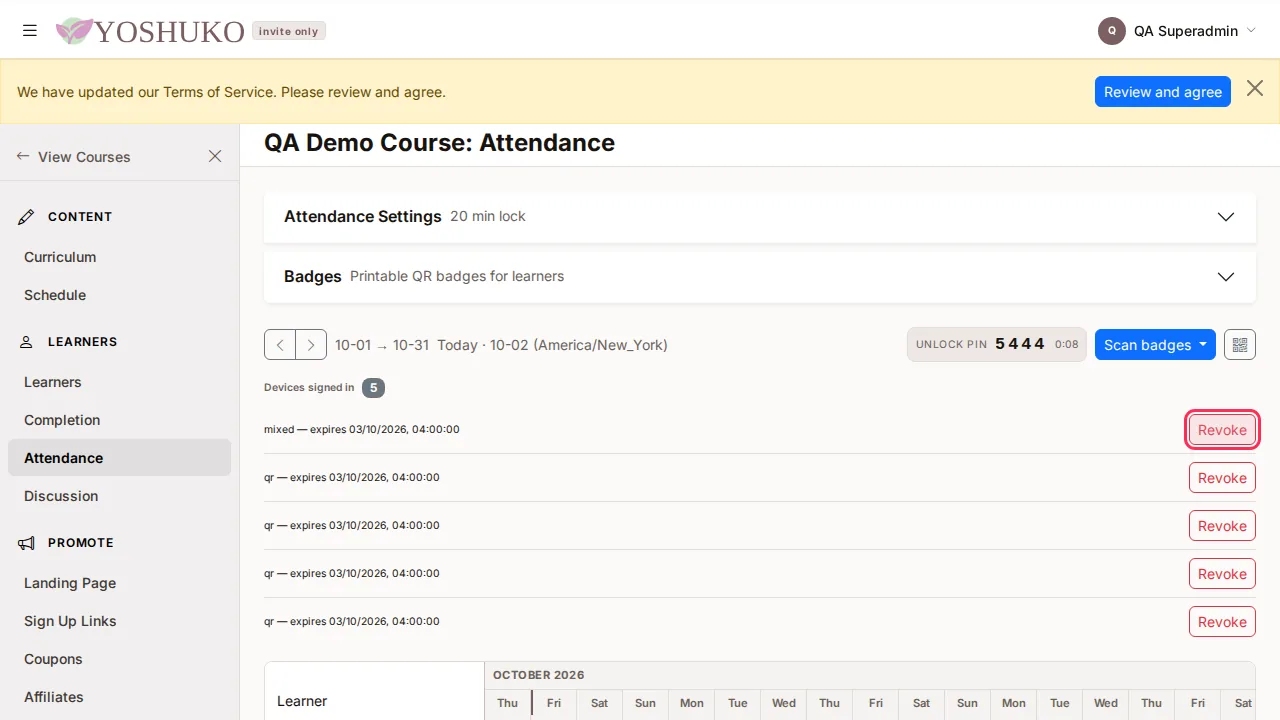 Attendance screen