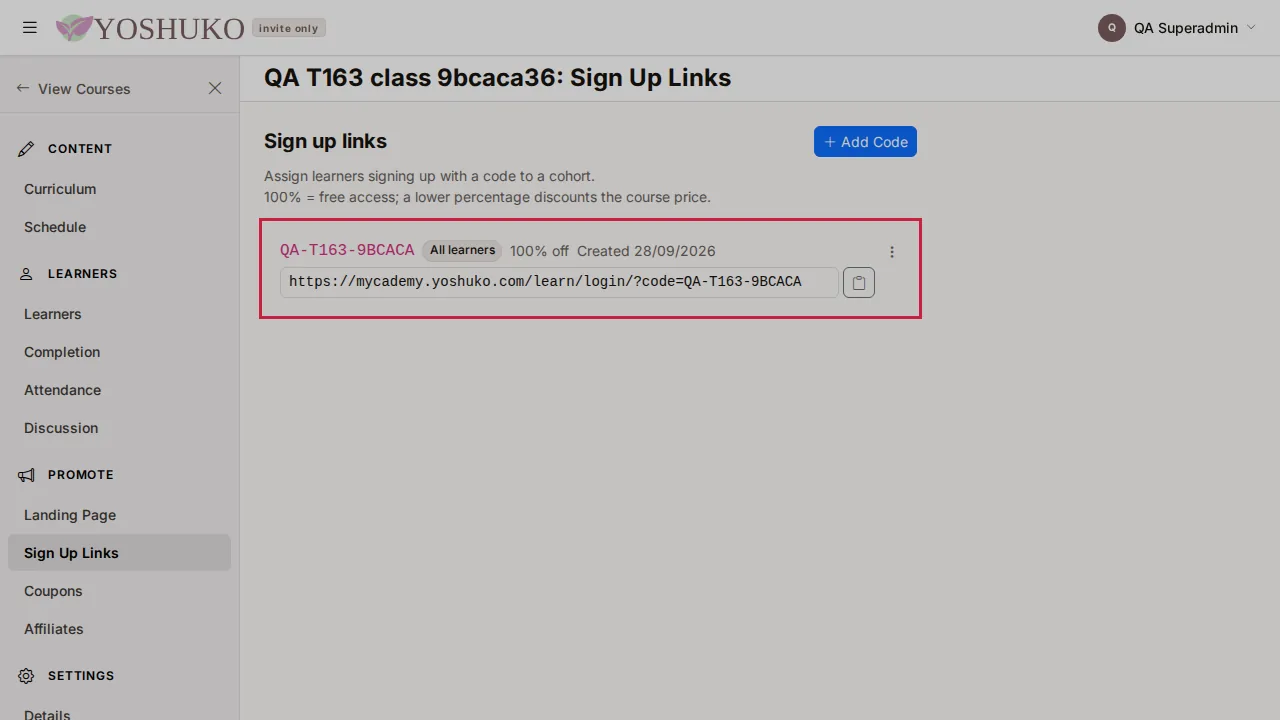 Sign up links screen