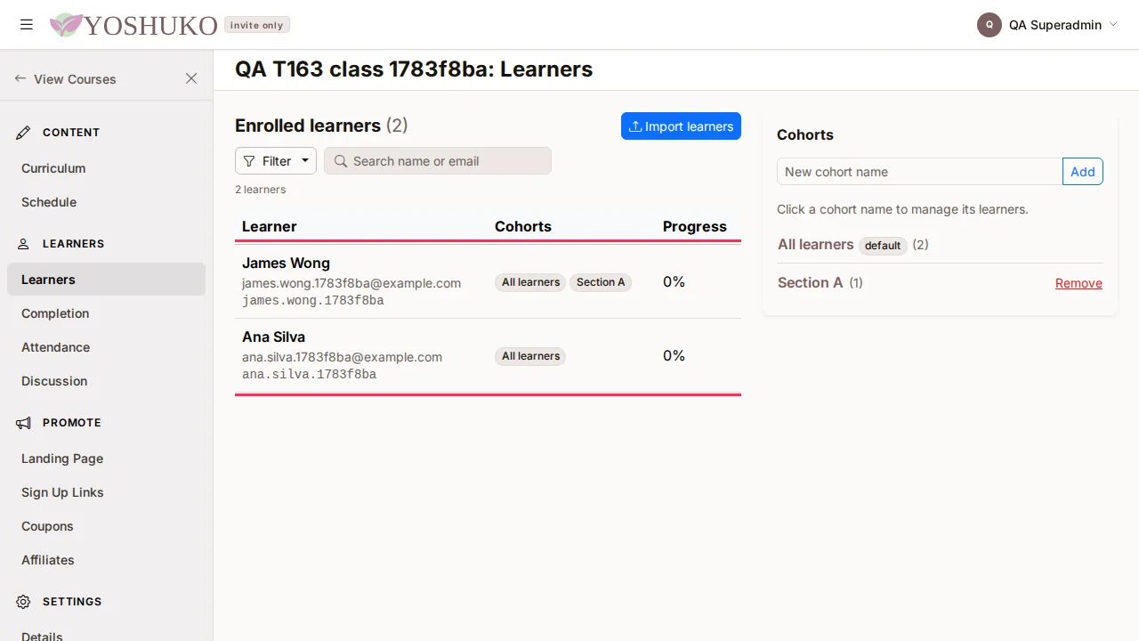 Learners and cohorts screen