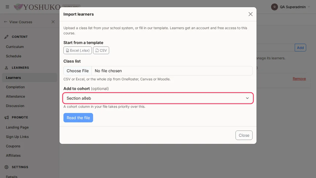 Learners and cohorts screen