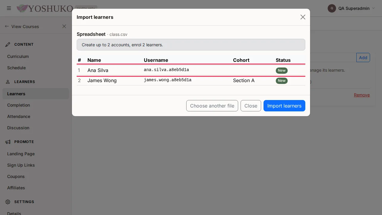 Learners and cohorts screen