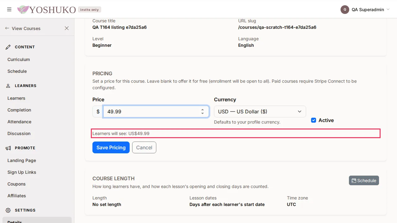Course details screen