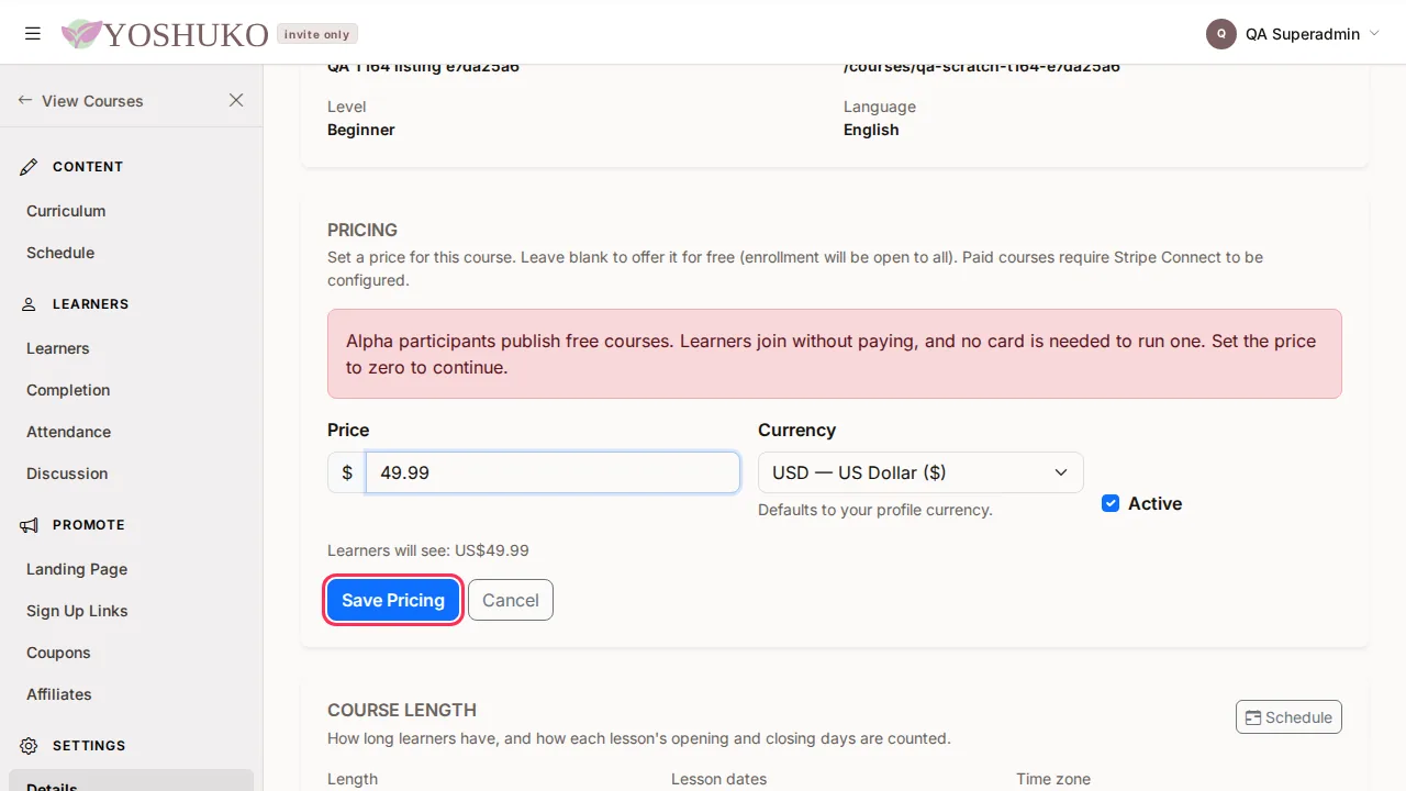 Course details screen